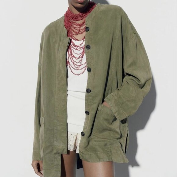 Zara Linen blend Jacket with Pockets Khaki, Medium, Like New - Picture 1 of 6